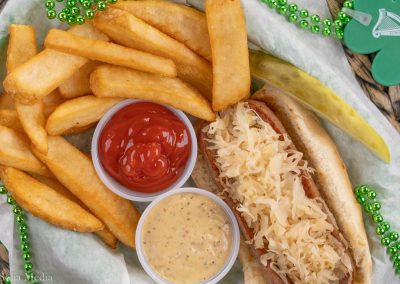 The Celtic Dog - Best Lunch Olde Town Conyers Rockdale Hot Dog, Kraut, Pickle and Fries With Spicy Mustard