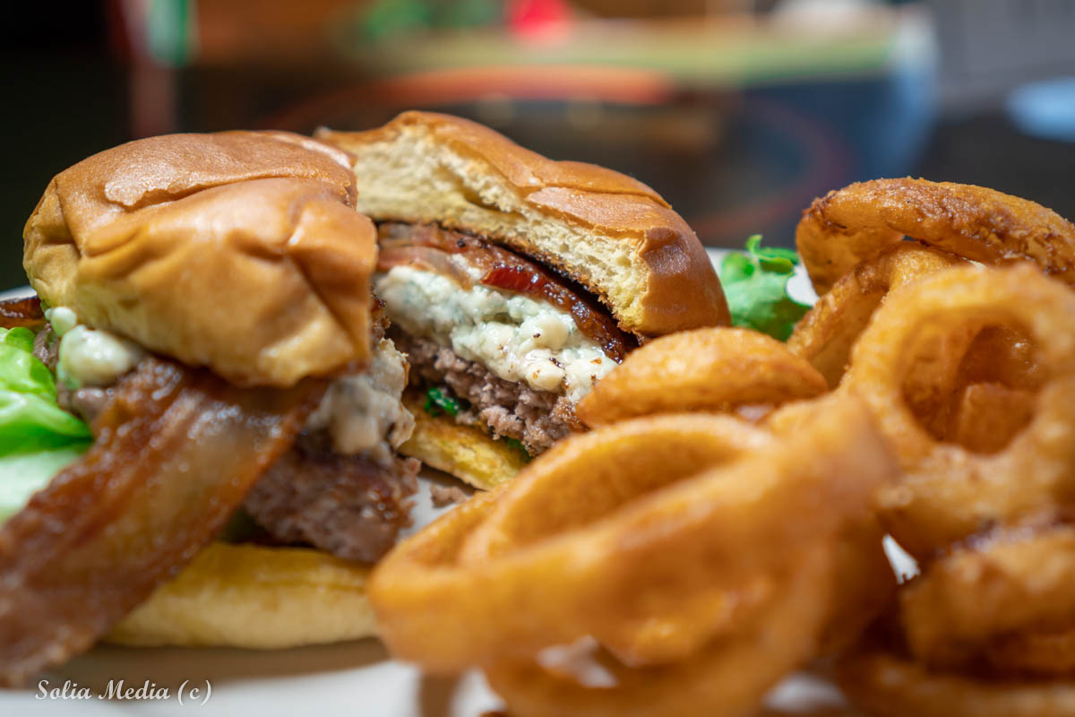 DSC05029-2 Best Burgers Conyers and Olde Town The Celtic Black and Blue Burger Blackened and topped with melted blue cheese, thick cut bacon, red onion, lettuce and tomato.
